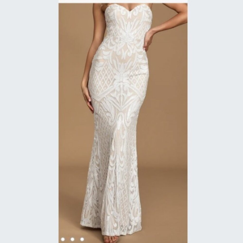 Bariano White Sequin Strapless Wedding Dress Size 6
